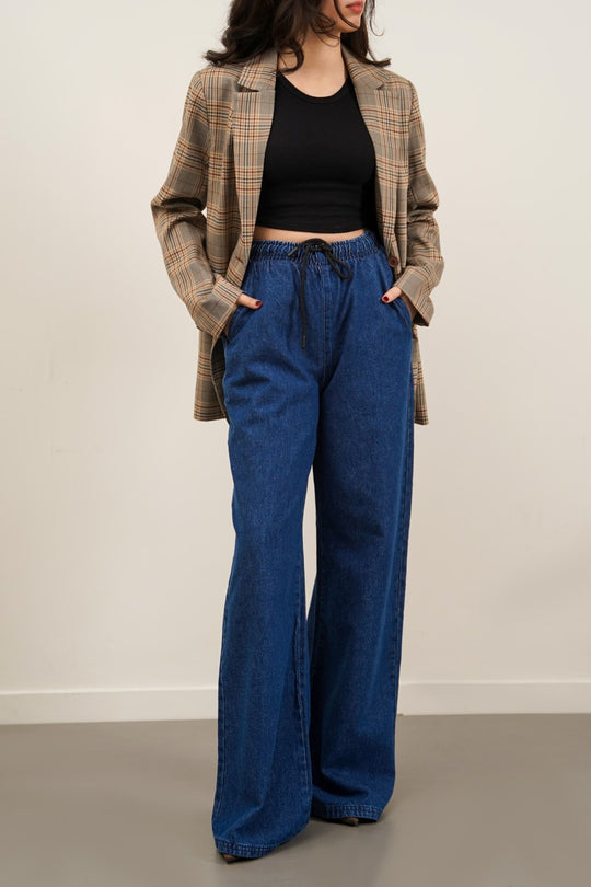 DARK BLUE STRETCHY WAIST WIDE JEANS
