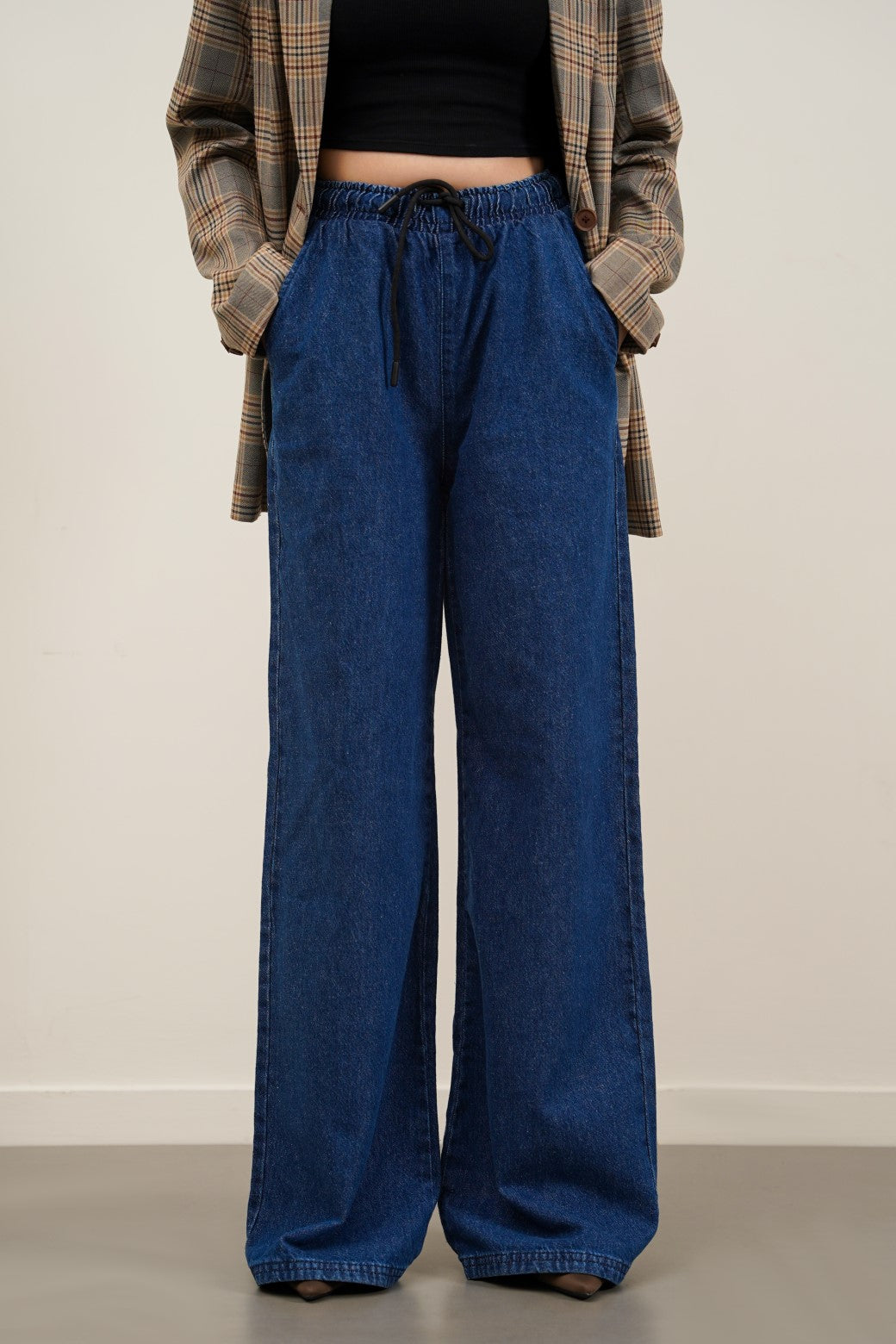 DARK BLUE STRETCHY WAIST WIDE JEANS