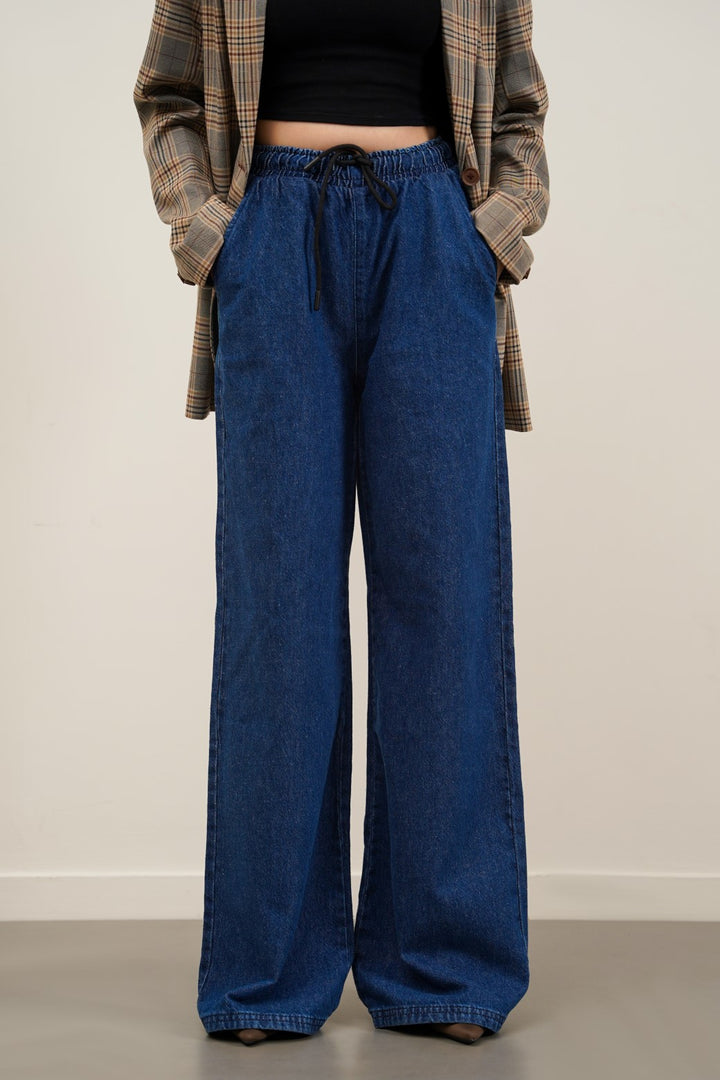 DARK BLUE STRETCHY WAIST WIDE JEANS