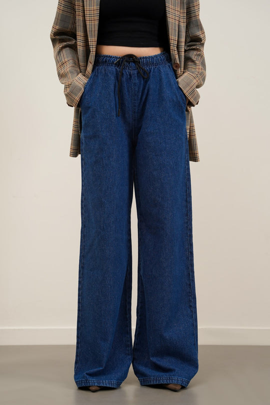 DARK BLUE STRETCHY WAIST WIDE JEANS