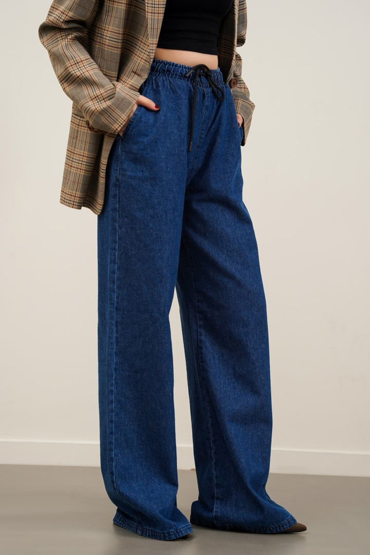 DARK BLUE STRETCHY WAIST WIDE JEANS