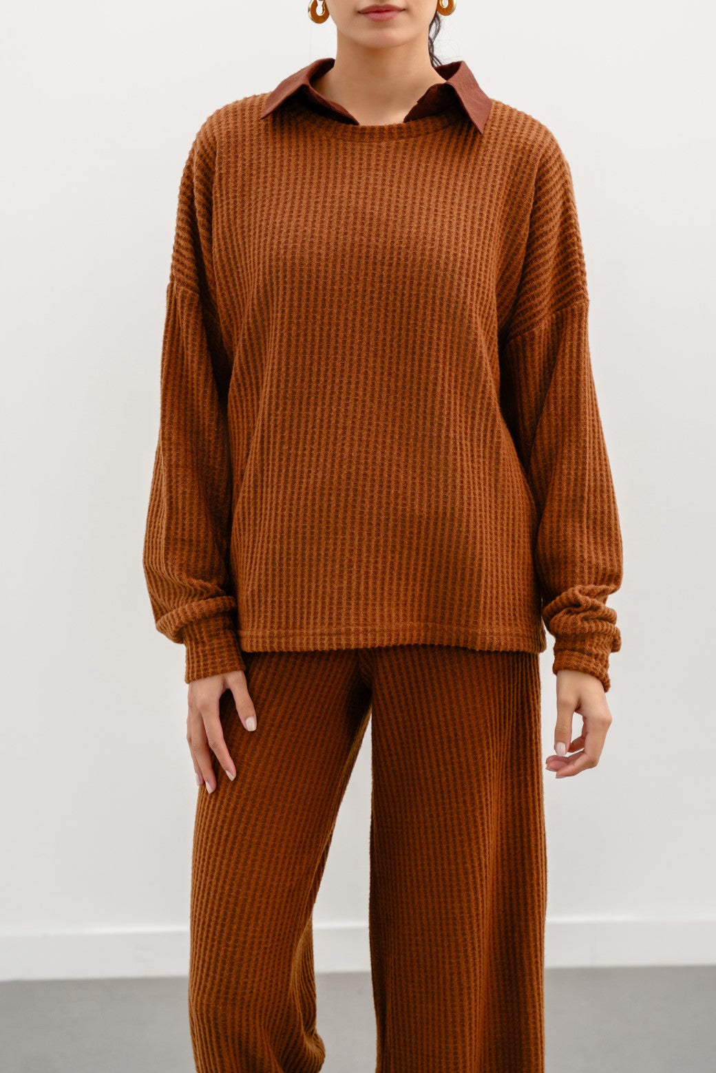 CAMEL WAFFLE KNIT TOP