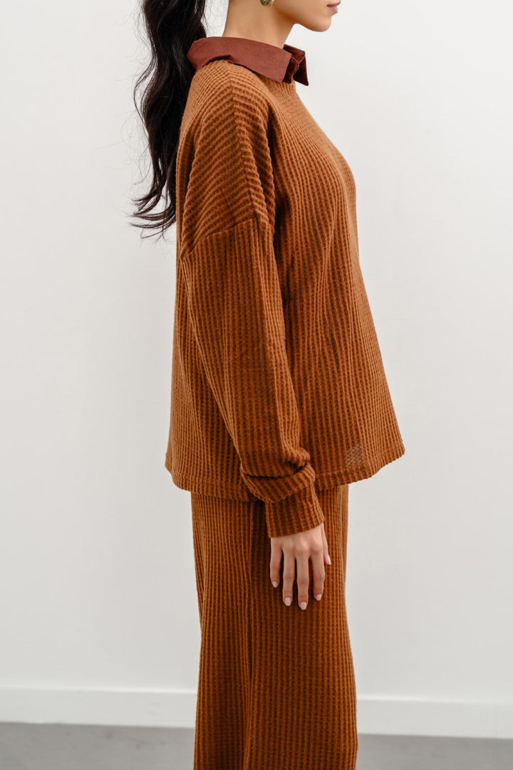 CAMEL WAFFLE KNIT TOP