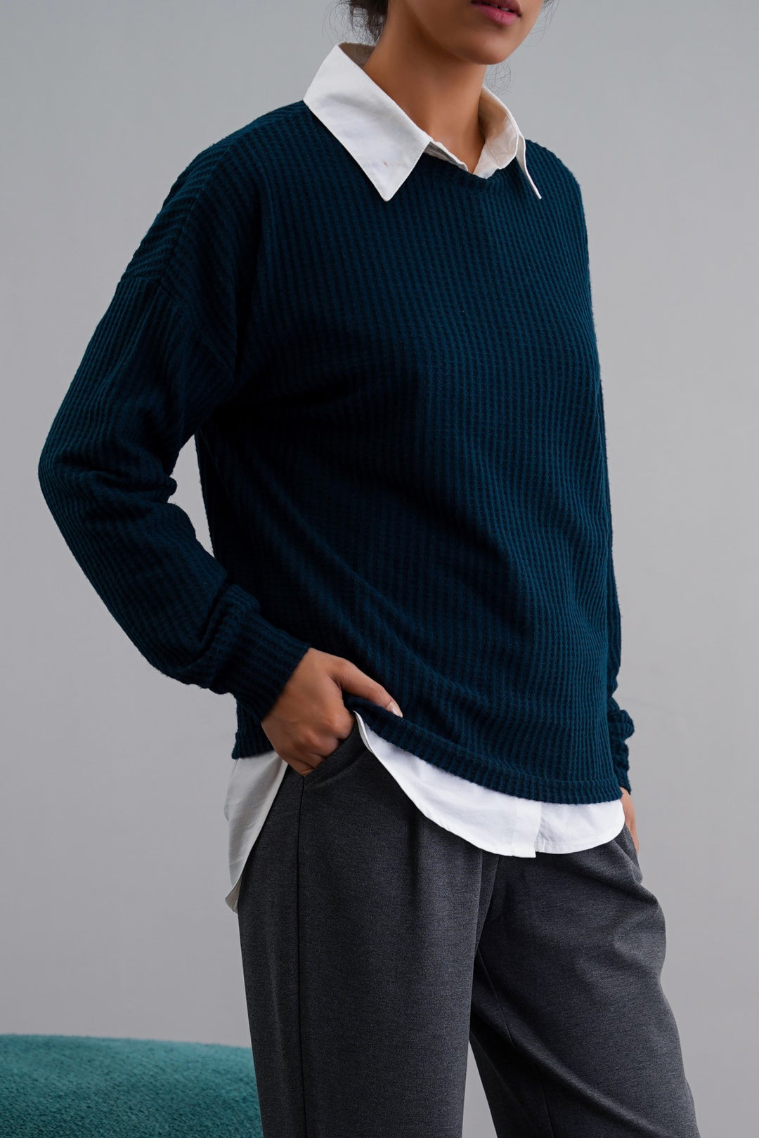 TEAL WAFFLE KNIT TOP