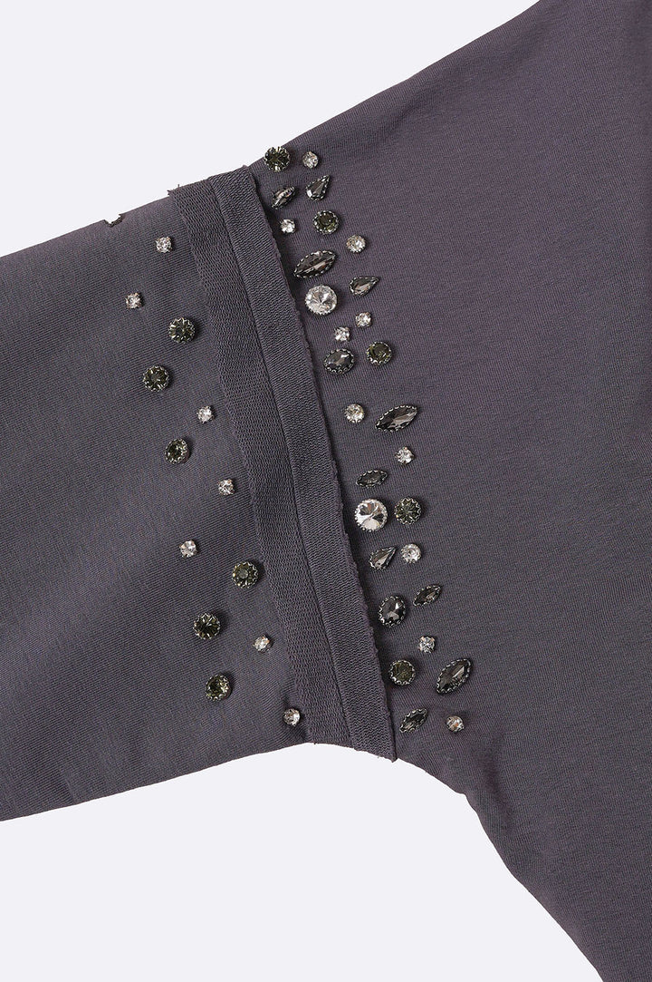 CHARCOAL EMBELLISHED MID-LENGTH HOODIE