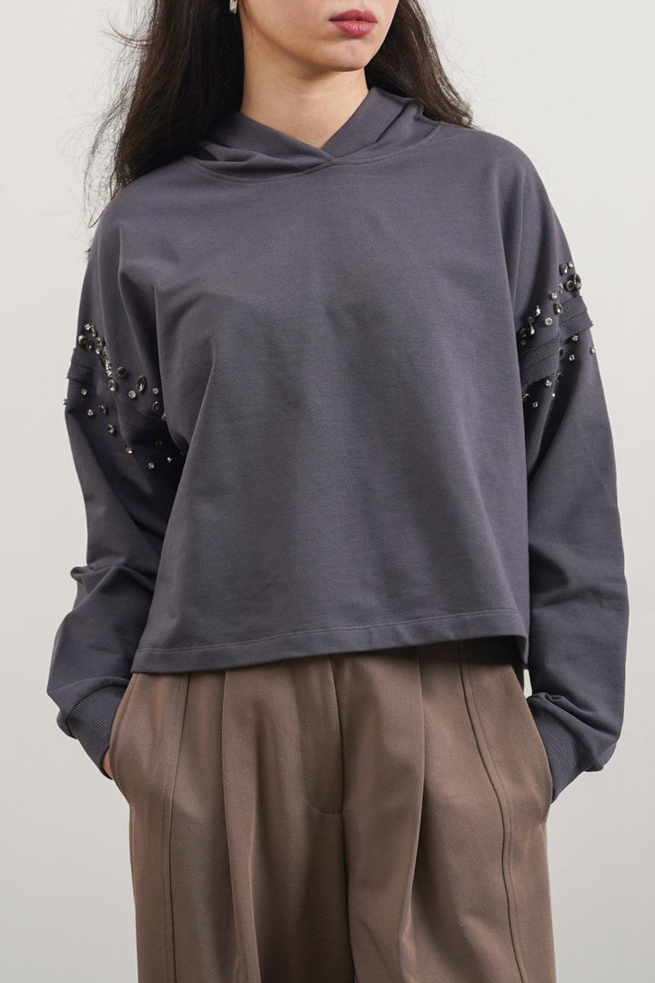 CHARCOAL EMBELLISHED MID-LENGTH HOODIE