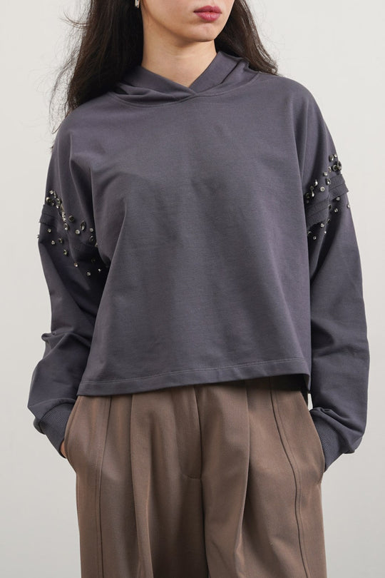 CHARCOAL EMBELLISHED MID-LENGTH HOODIE