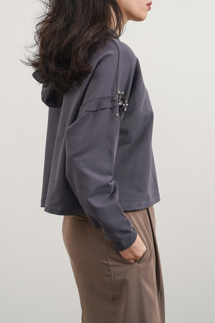 CHARCOAL EMBELLISHED MID-LENGTH HOODIE