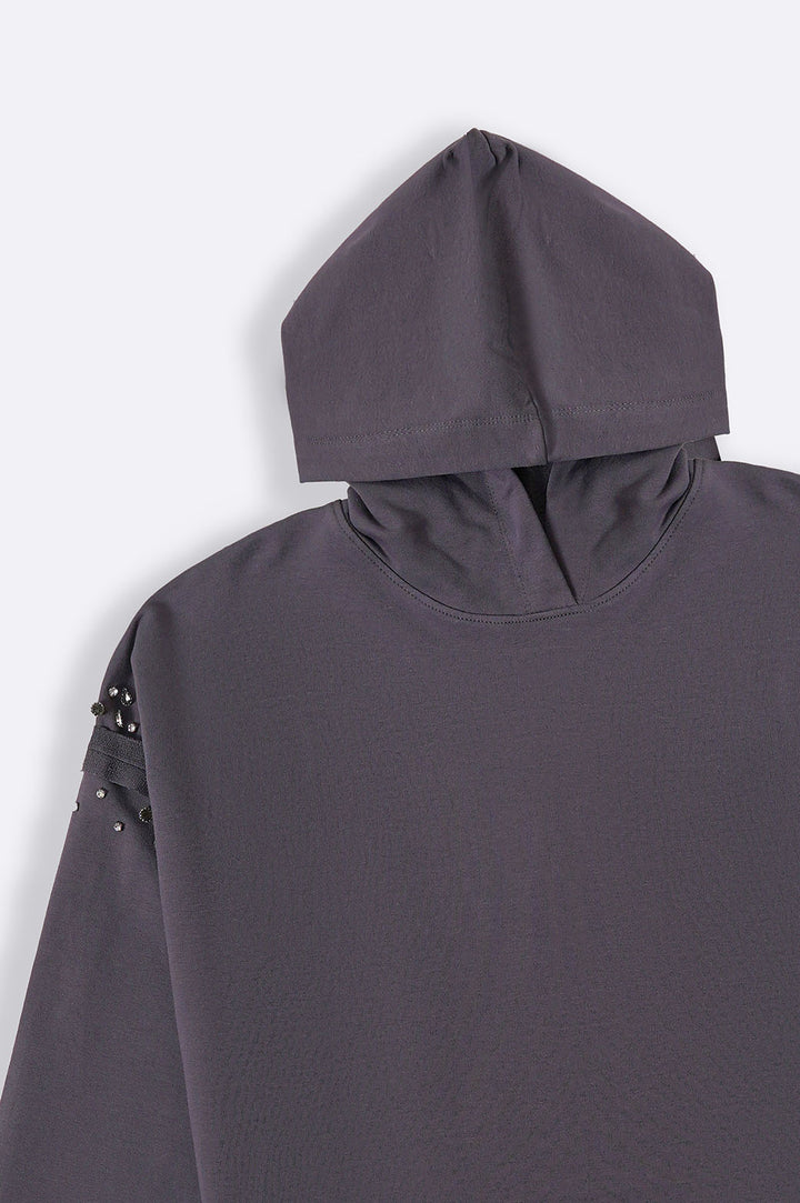 CHARCOAL EMBELLISHED MID-LENGTH HOODIE