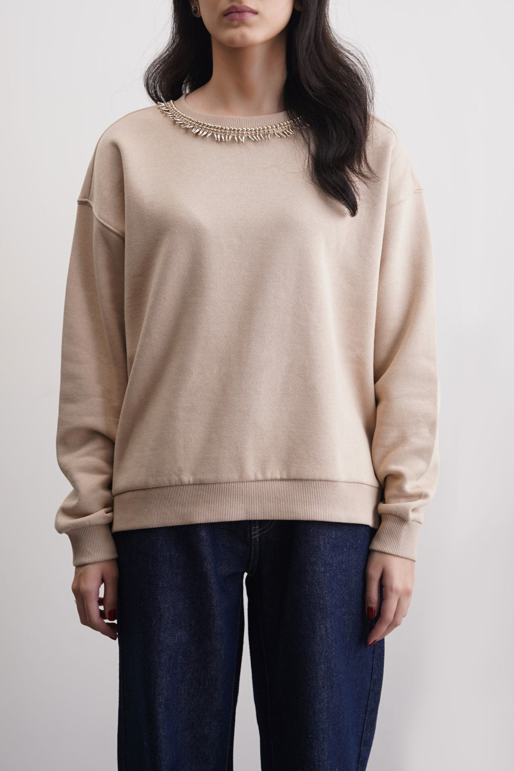 BEIGE COMFY BEADED SWEATSHIRT