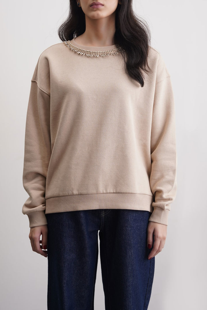 BEIGE COMFY BEADED SWEATSHIRT