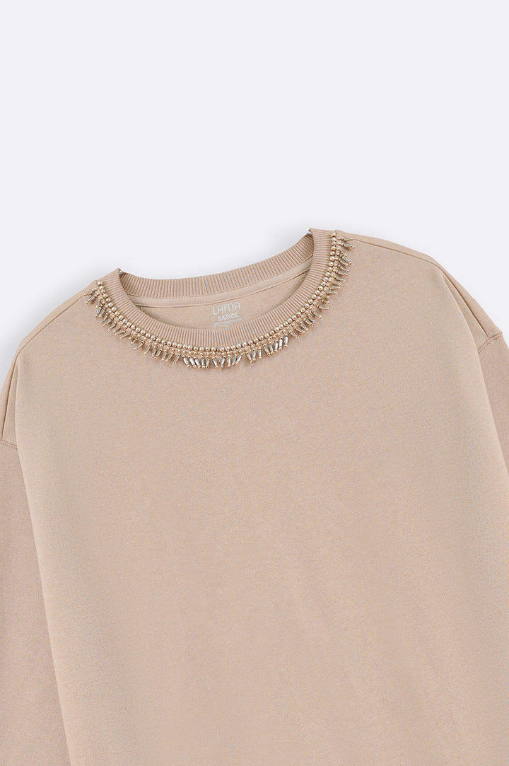 BEIGE COMFY BEADED SWEATSHIRT