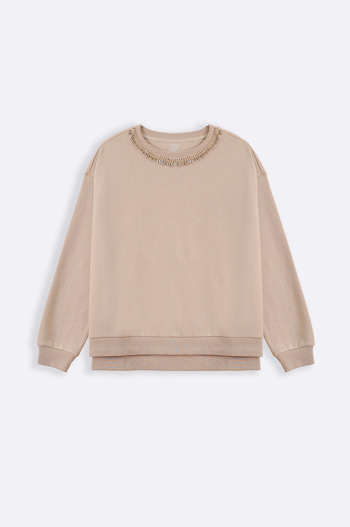 BEIGE COMFY BEADED SWEATSHIRT