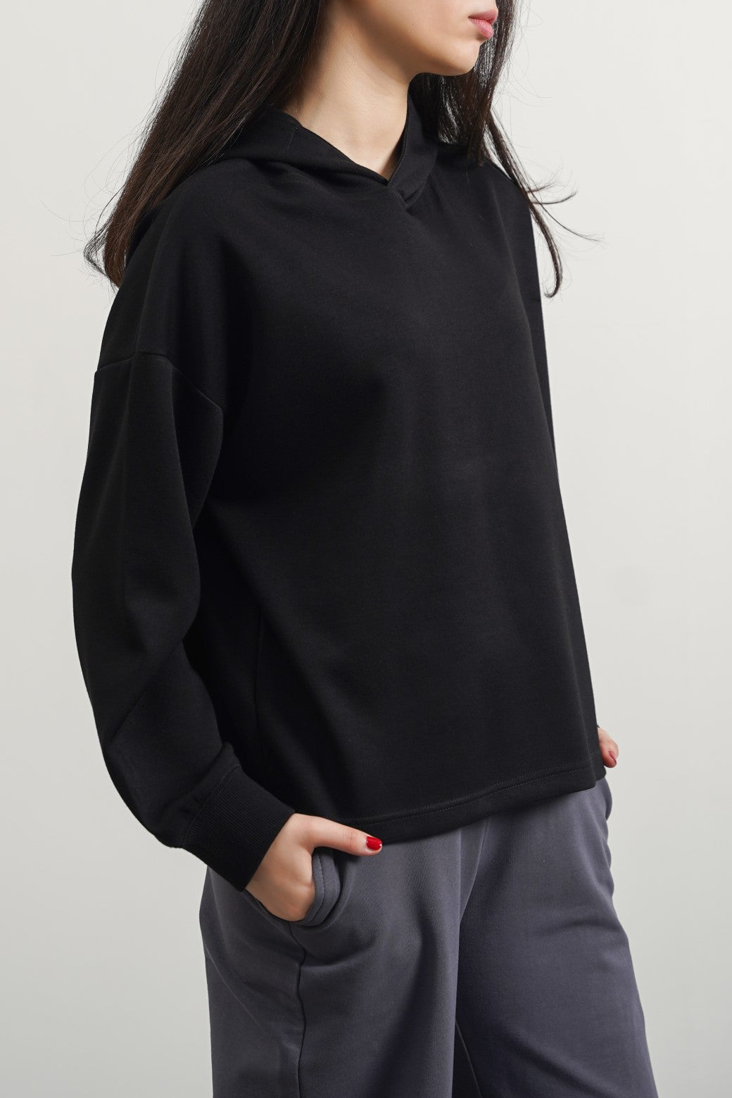 BLACK CROPPED NEOPRENE HOODIE