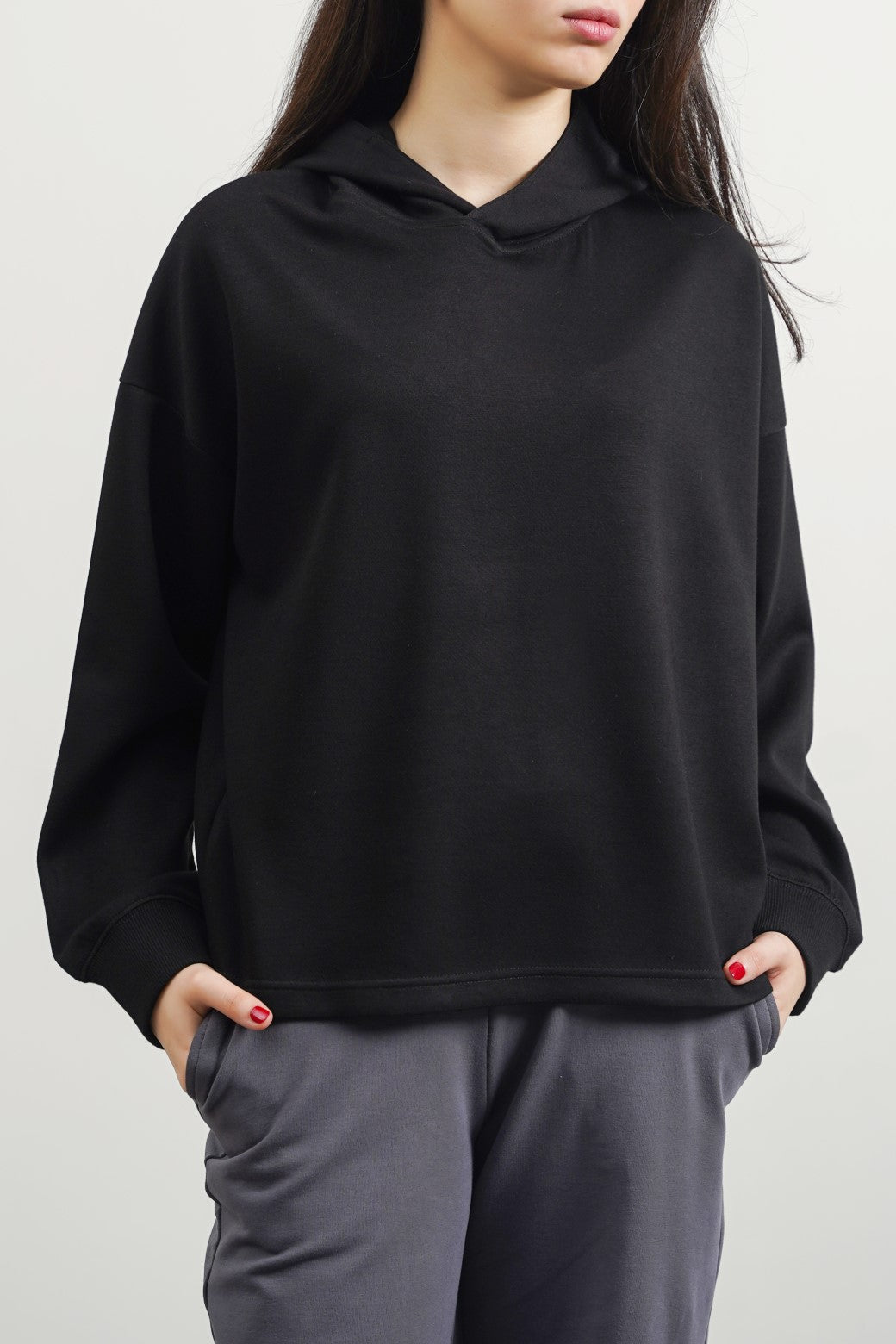 BLACK CROPPED NEOPRENE HOODIE