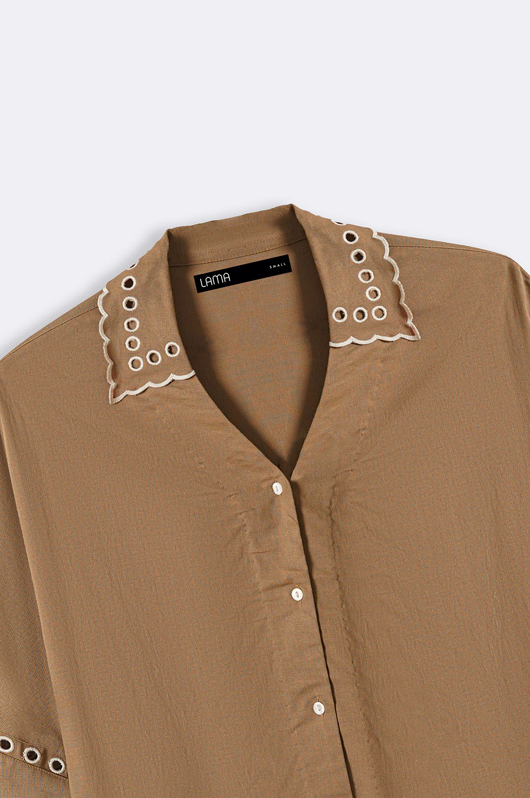 TAUPE EMBROIDERED OPEN WORK BUTTON DOWN SHIRT