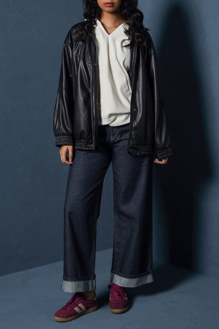 DARK BLUE ROLL UP WIDE JEANS