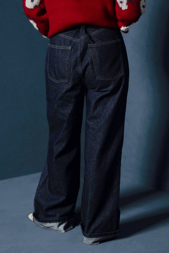 DARK BLUE ROLL UP WIDE JEANS