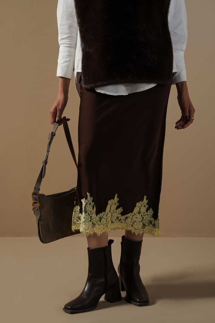 DARK BROWN LACE AND SILK SKIRT