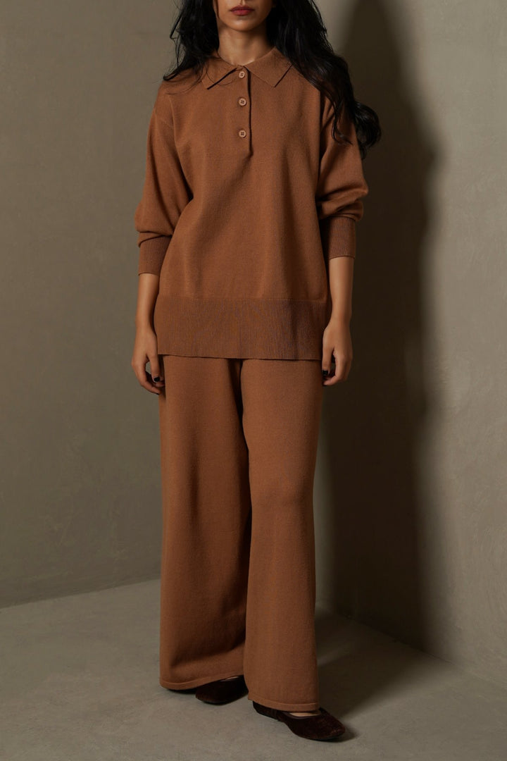 CAMEL FLOWY KNIT TROUSERS