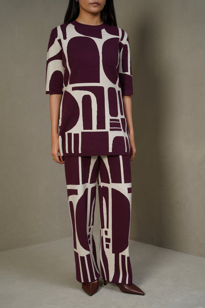 BURGUNDY CREAM COLORBLOCK SWEATER PANTS