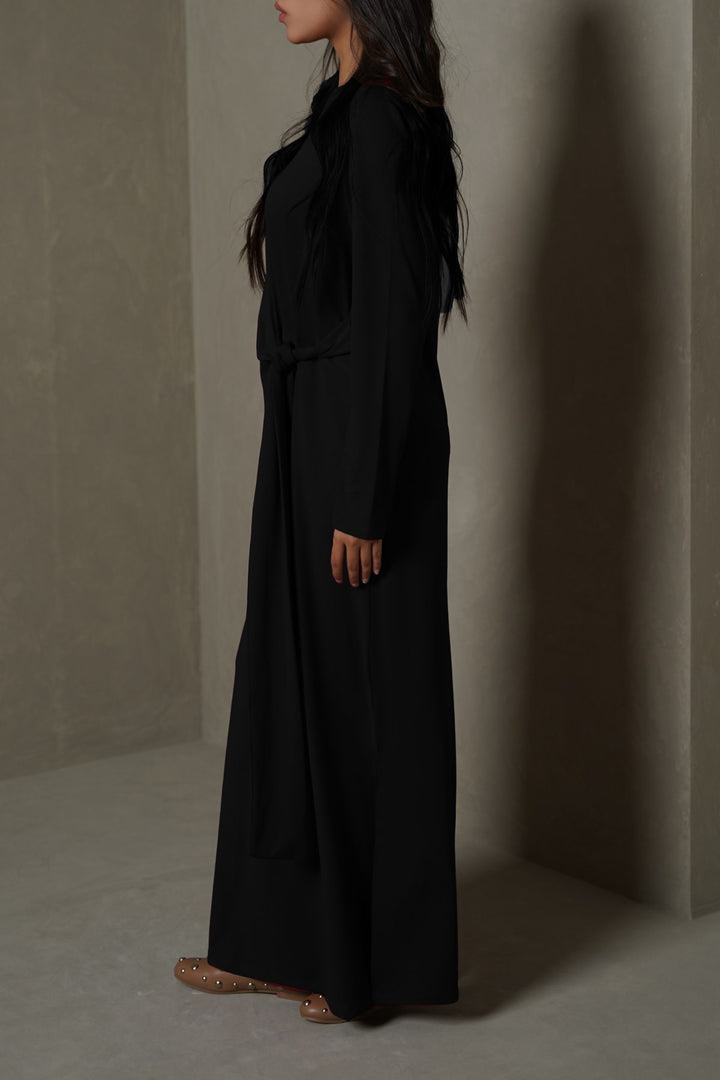 BLACK RUCHED WRAP DRESS