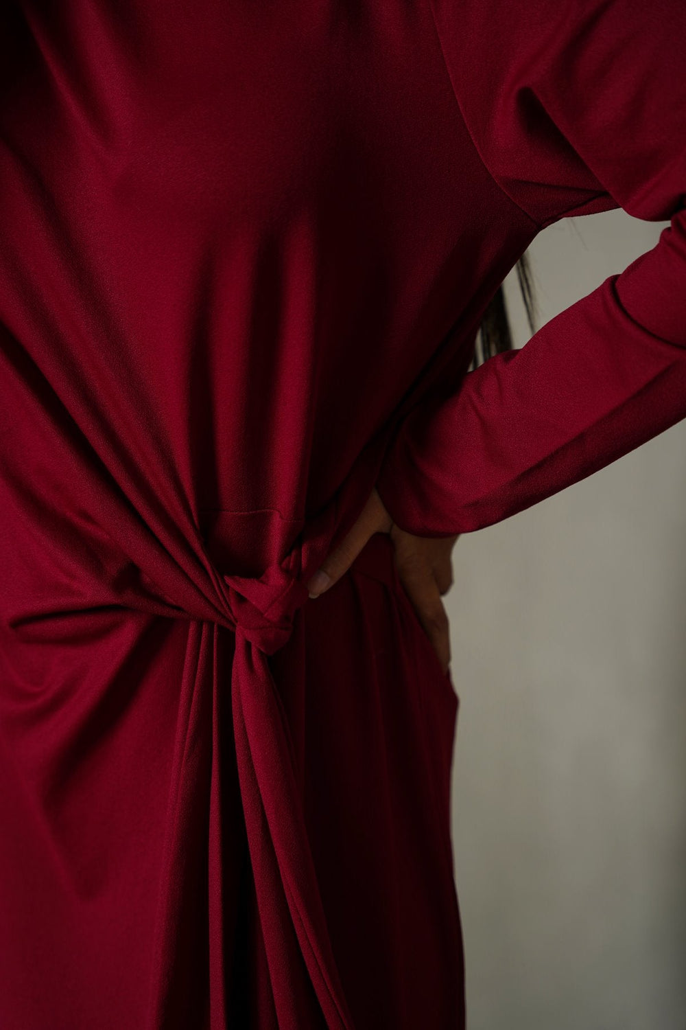 MAROON RUCHED WRAP DRESS