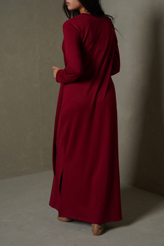 MAROON RUCHED WRAP DRESS