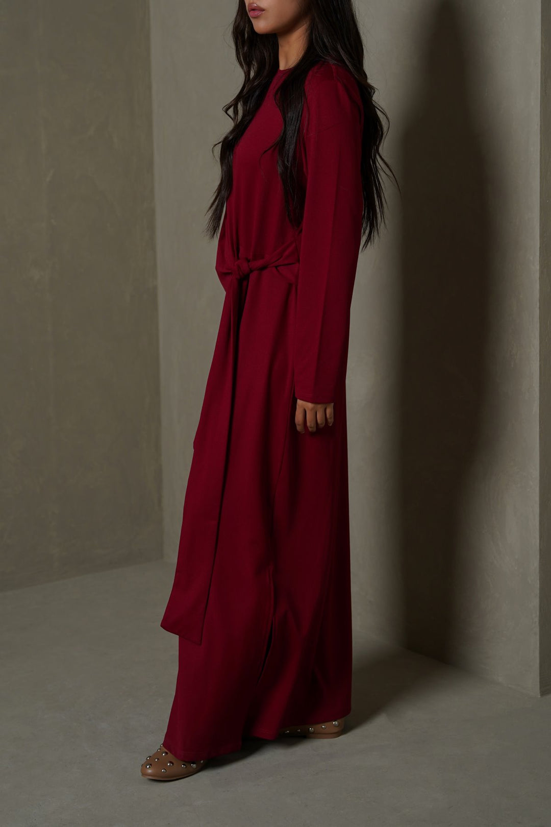 MAROON RUCHED WRAP DRESS