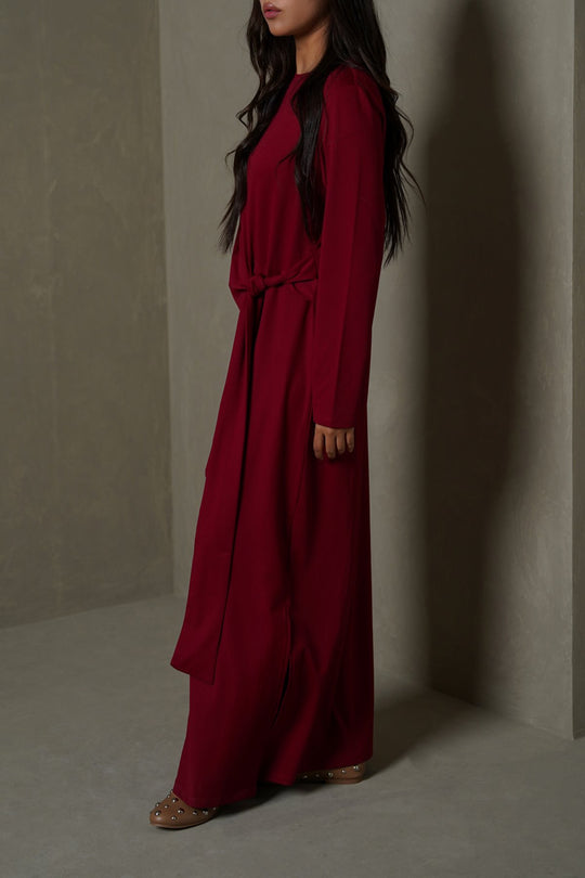 MAROON RUCHED WRAP DRESS