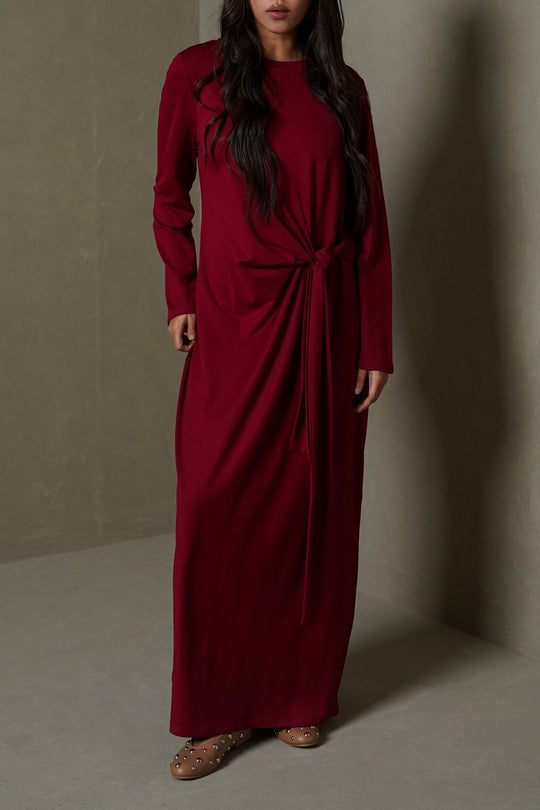 MAROON RUCHED WRAP DRESS