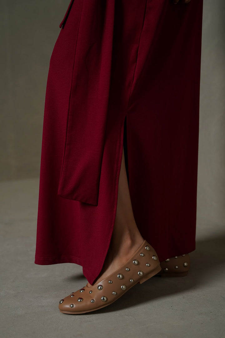 MAROON RUCHED WRAP DRESS