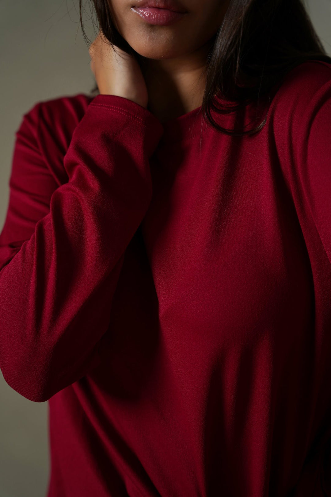 MAROON RUCHED WRAP DRESS