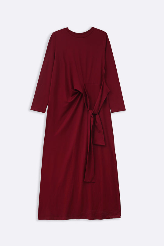 MAROON RUCHED WRAP DRESS