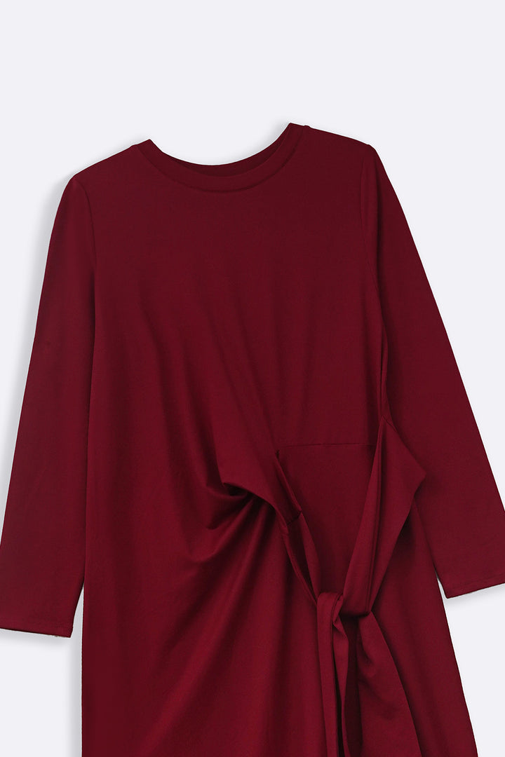 MAROON RUCHED WRAP DRESS