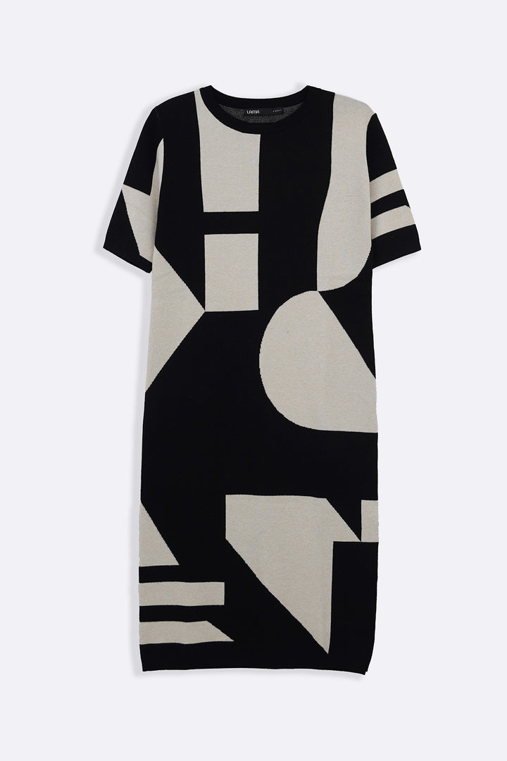 BLACK CREAM COLORBLOCK SWEATER DRESS