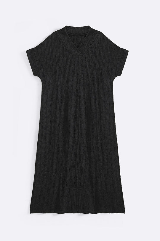 BLACK CRINKLE CASCADE DRESS