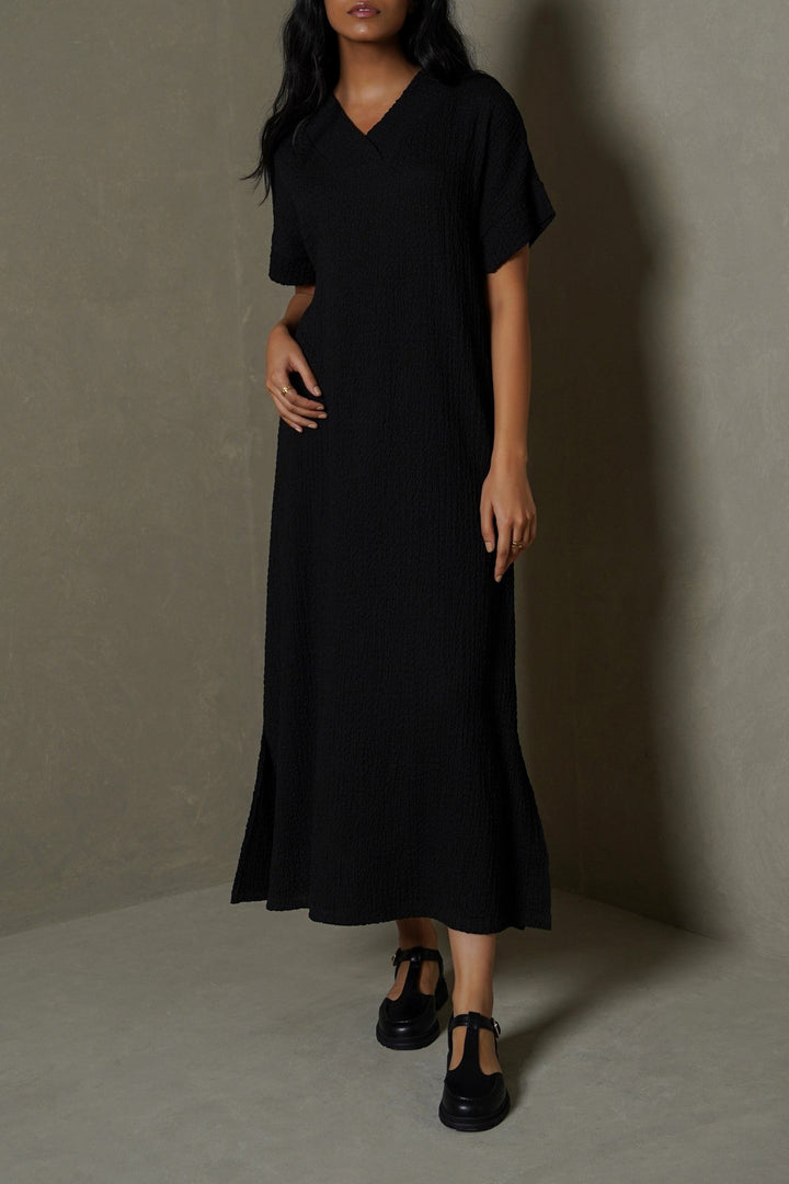 BLACK CRINKLE CASCADE DRESS
