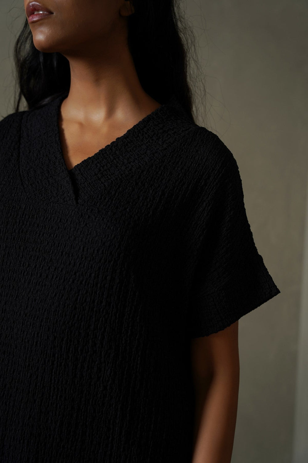 BLACK CRINKLE CASCADE DRESS