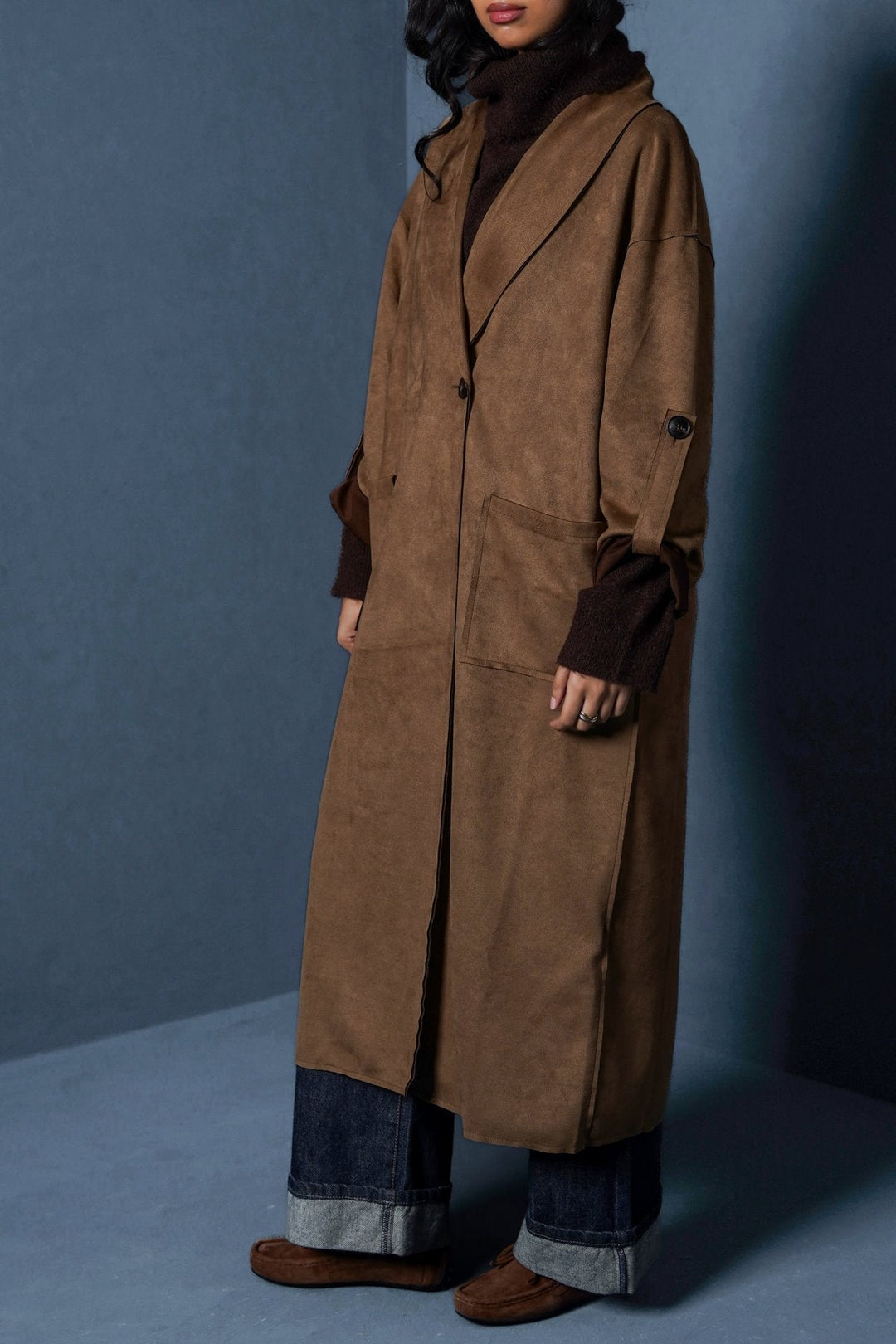 COFFEE LUXURY LONG SUEDE COAT