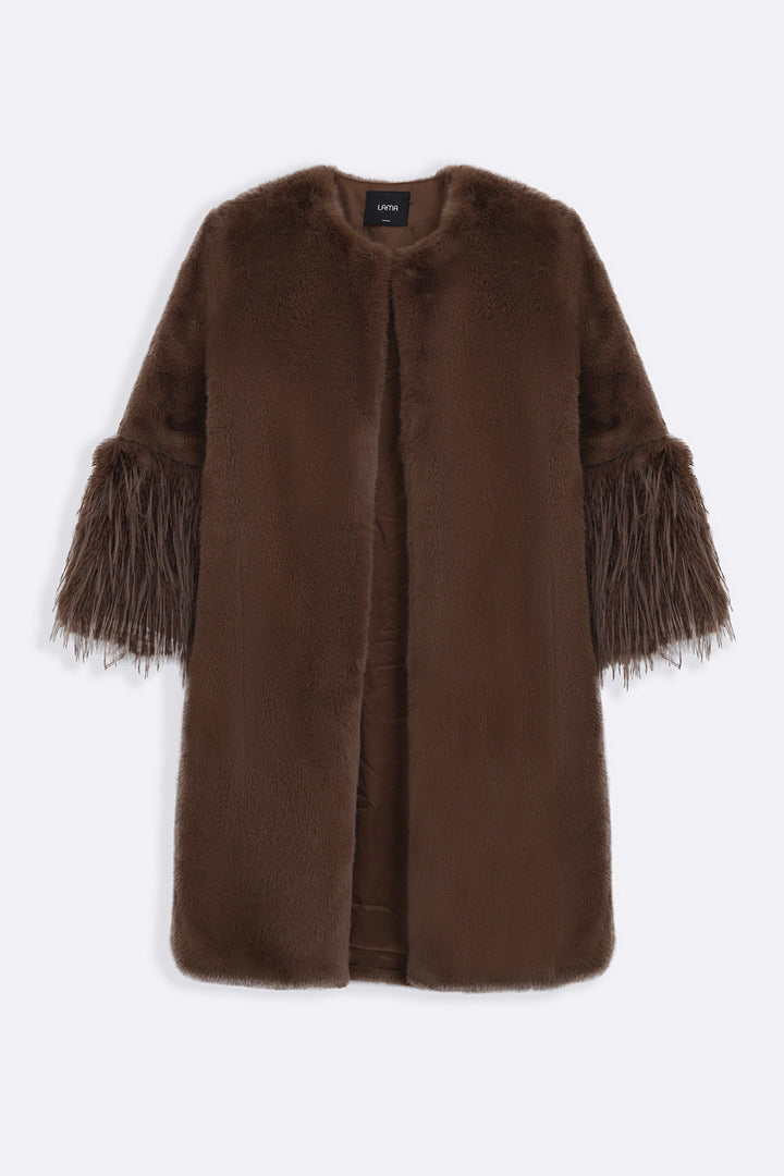 COFFEE LONGLINE FEATHERED FUR COAT