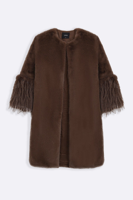 COFFEE LONGLINE FEATHERED FUR COAT