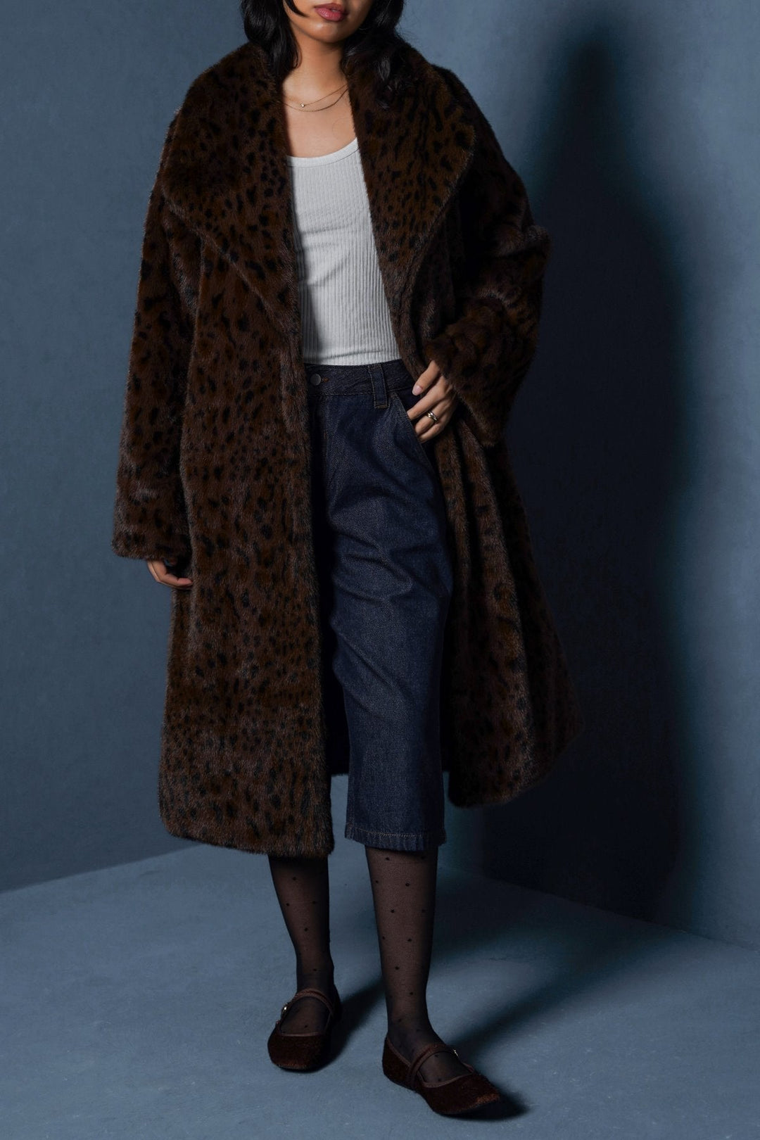 BROWN FAUX LEOPARD FUR COAT