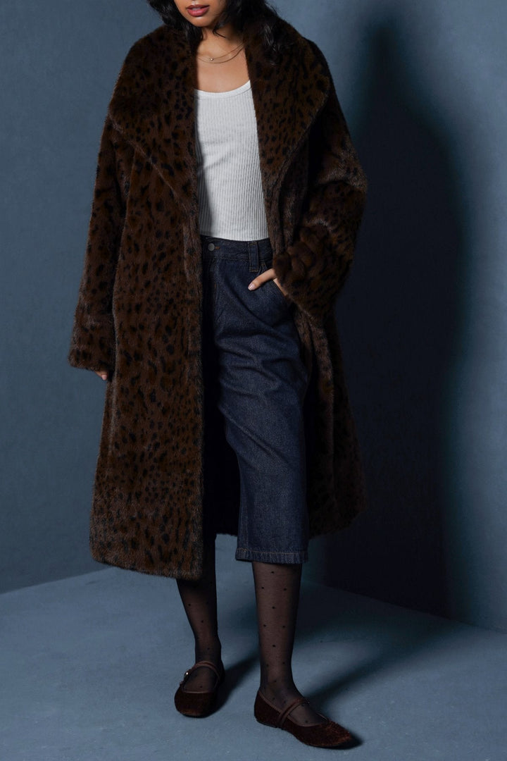 BROWN FAUX LEOPARD FUR COAT