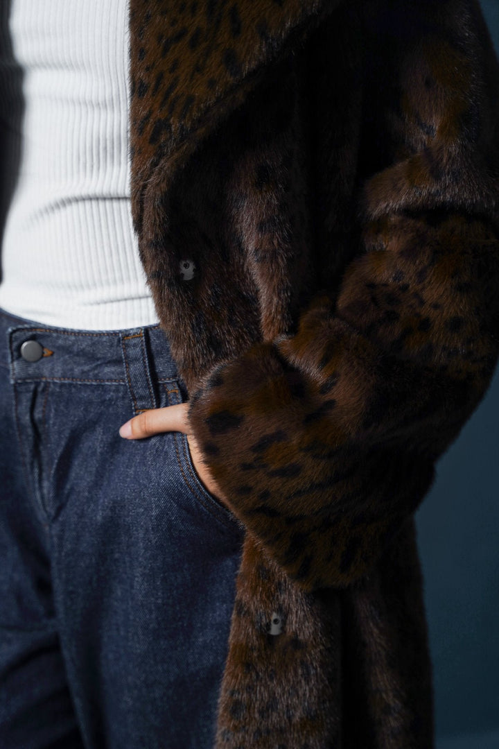BROWN FAUX LEOPARD FUR COAT