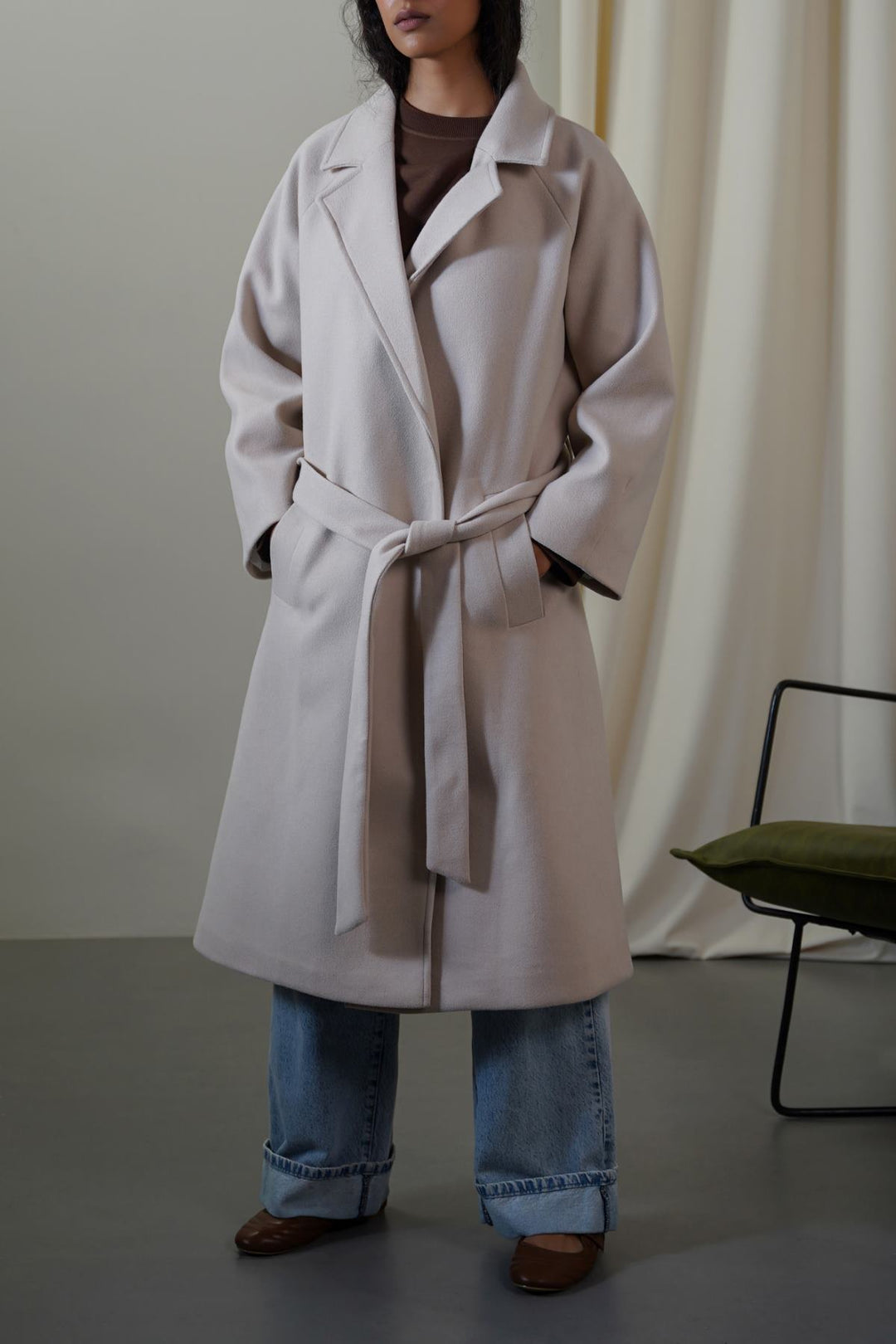 BEIGE LONG BELTED COAT