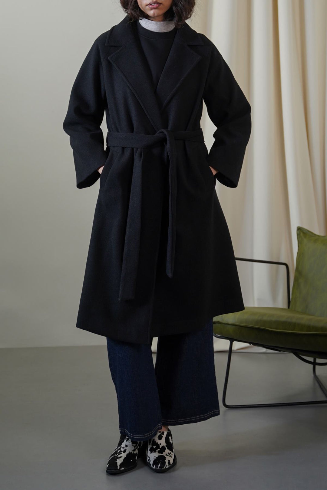 BLACK LONG BELTED COAT