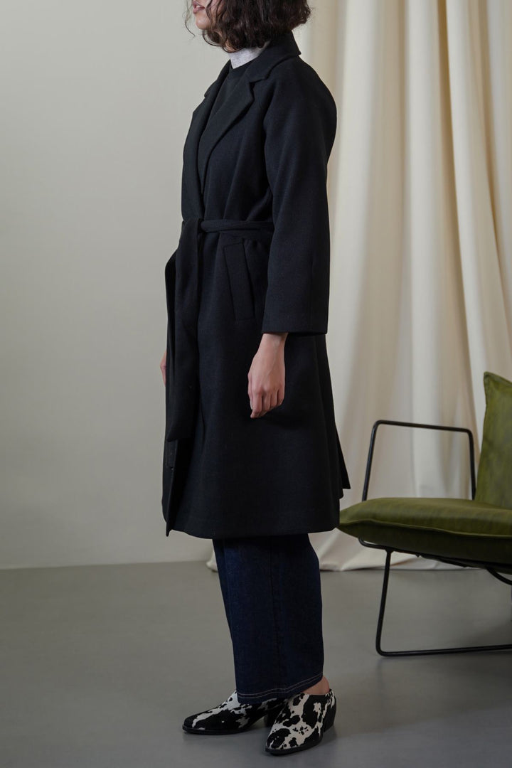 BLACK LONG BELTED COAT