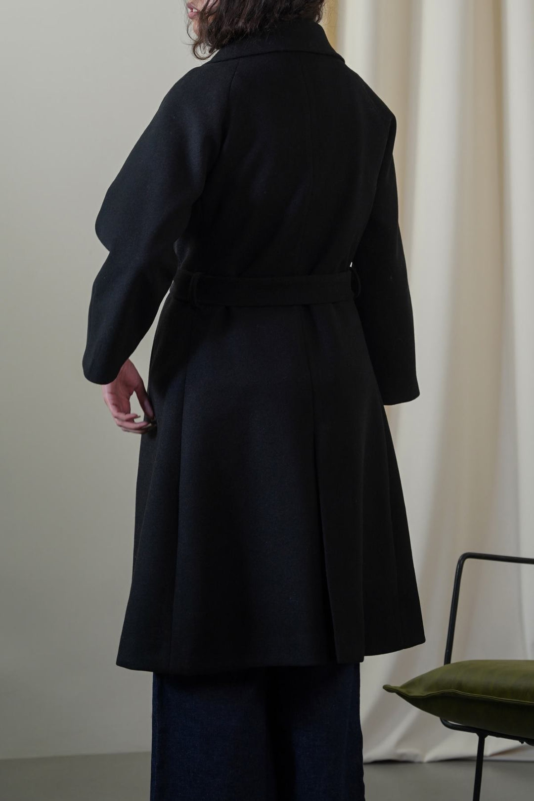 BLACK LONG BELTED COAT