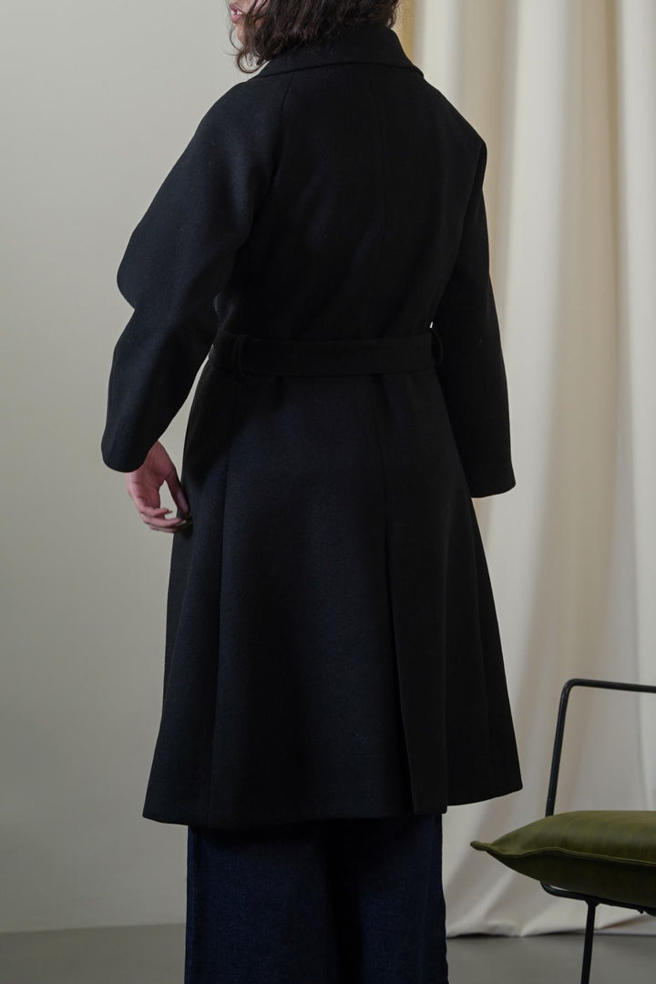 BLACK LONG BELTED COAT